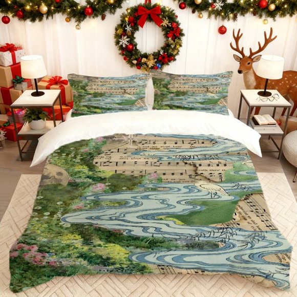 a Musical Score Weaving Through Landscapes Collage Art Printed Duvet Cover Set Themed Printed Bedding Includes 1 Duvet Cover And 2 Pillowcases Made of 100% Poly