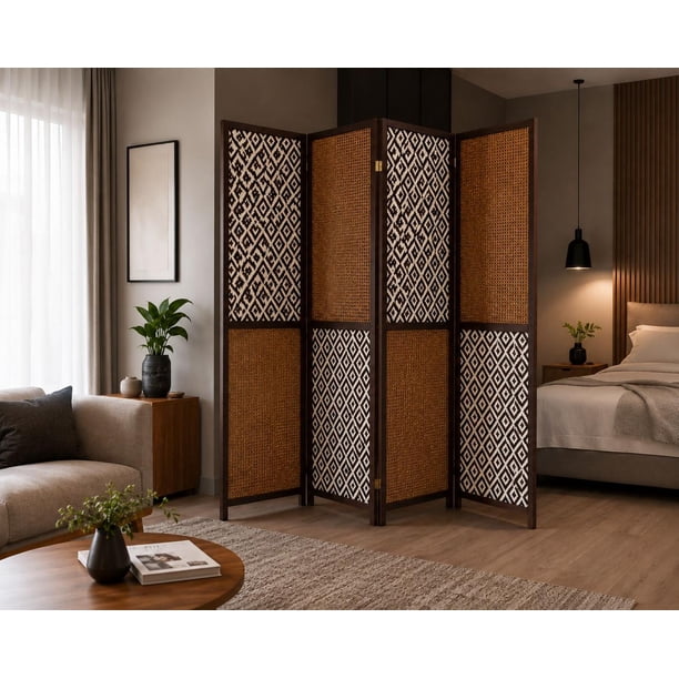 Biombo De Madera Resistente 4 Paneles Tejido H 200x180cm marron claro