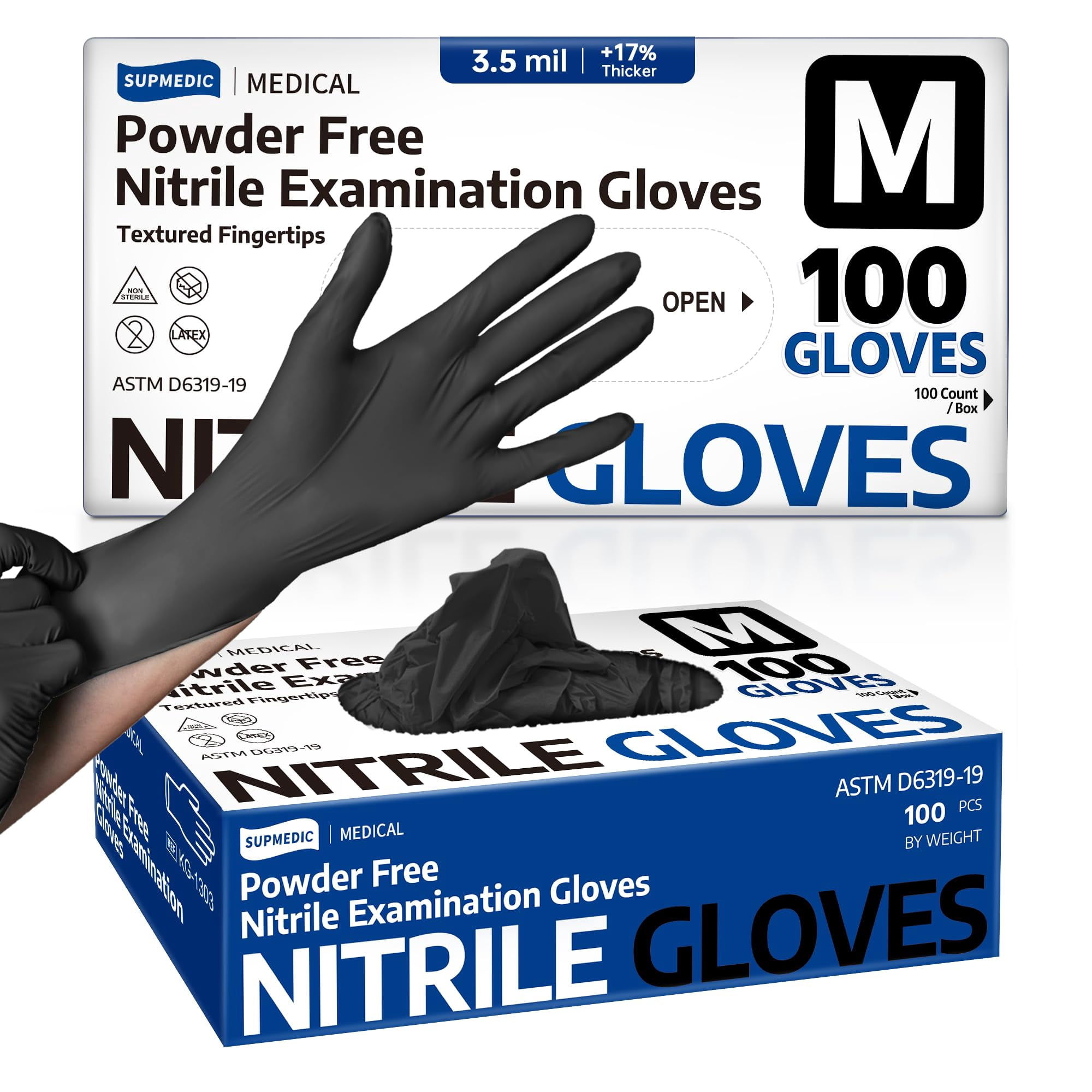 Guantes De Nitrilo Supmedic Sin Polvo Negros Talla Mediana, 100 Piezas