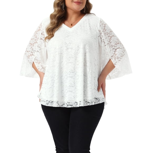 Agnes Orinda Conjuntos de Halloween Blusa de Encaje para Mujer de Talla Grande Escote en V Manga 3/4 Acampanada Doble Capa Blusa Elegante 3X Blanca