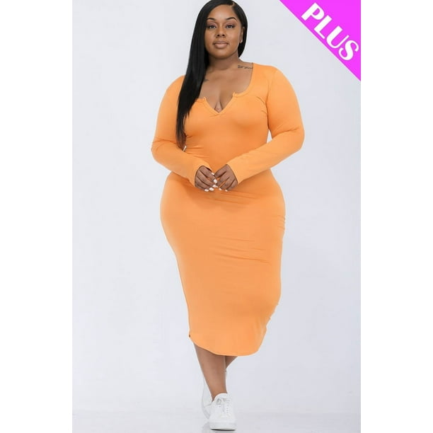 Vestido Midi de Manga Larga con Cuello Dividido y Talla Grande