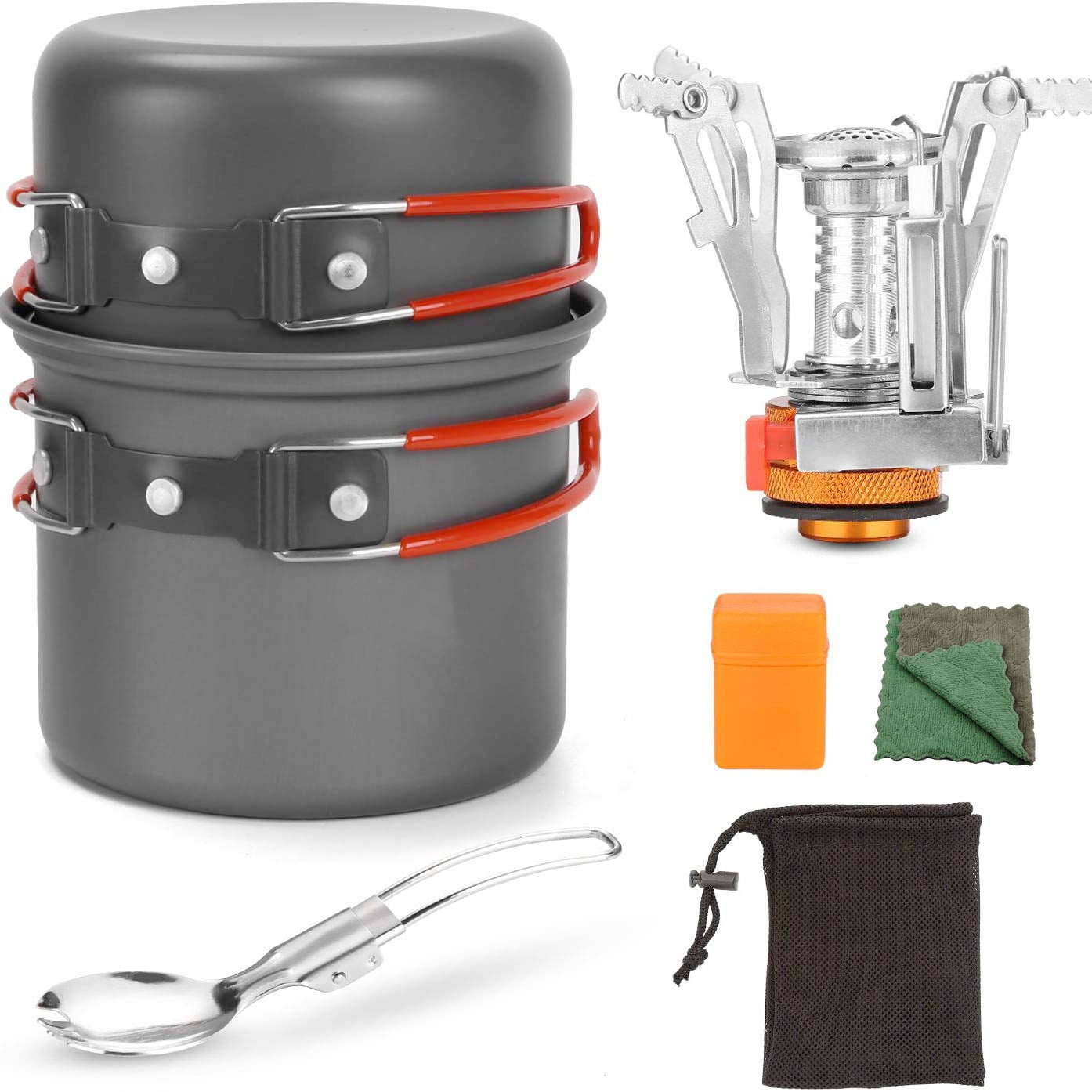 Xusx111 - 6pcs Camping Kitchenware Mess Kit Con Maceta Ligera, Estufa, Bolsa De Malla, Ideal Para Mochilar Al Aire Libre Camping Senderismo Y Picnic