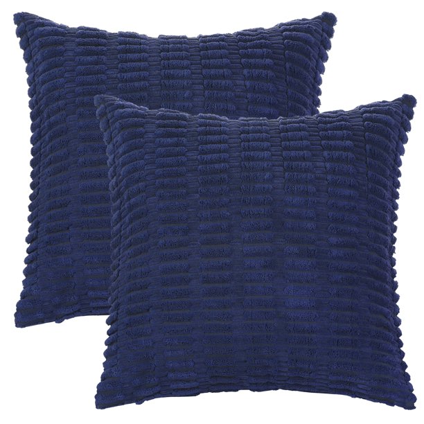 Funda de cojín decorativa de pana REGALWOVEN, fundas de cojín a rayas bohemias suaves, azul oscuro 18" x 18"