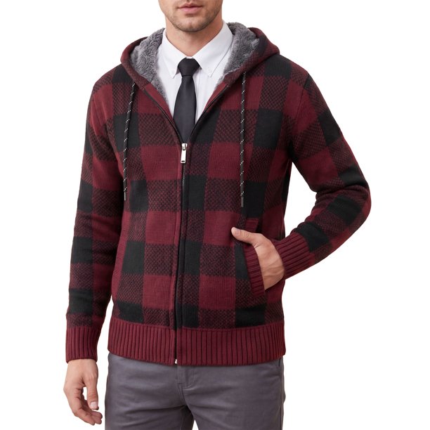 INSPIRE CHIC Chaqueta de Suéter de Punto a Cuadros con Forro de Lana y Capucha con Cordón para Hombre L Rojo