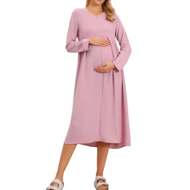 INSPIRE CHIC Vestido de Lactancia para Mujeres Embarazadas con Cremallera Frontal, Manga Larga, Cuello Redondo, Plisado, Midi, Talla XL, Rosa