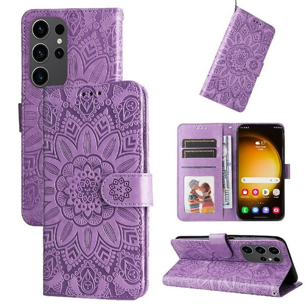 Funda tipo cartera FOXDOCK para Samsung Galaxy S24 Ultra , diseño girasol en relieve, cuero PU, cierre magnético, soporte y tarjetero