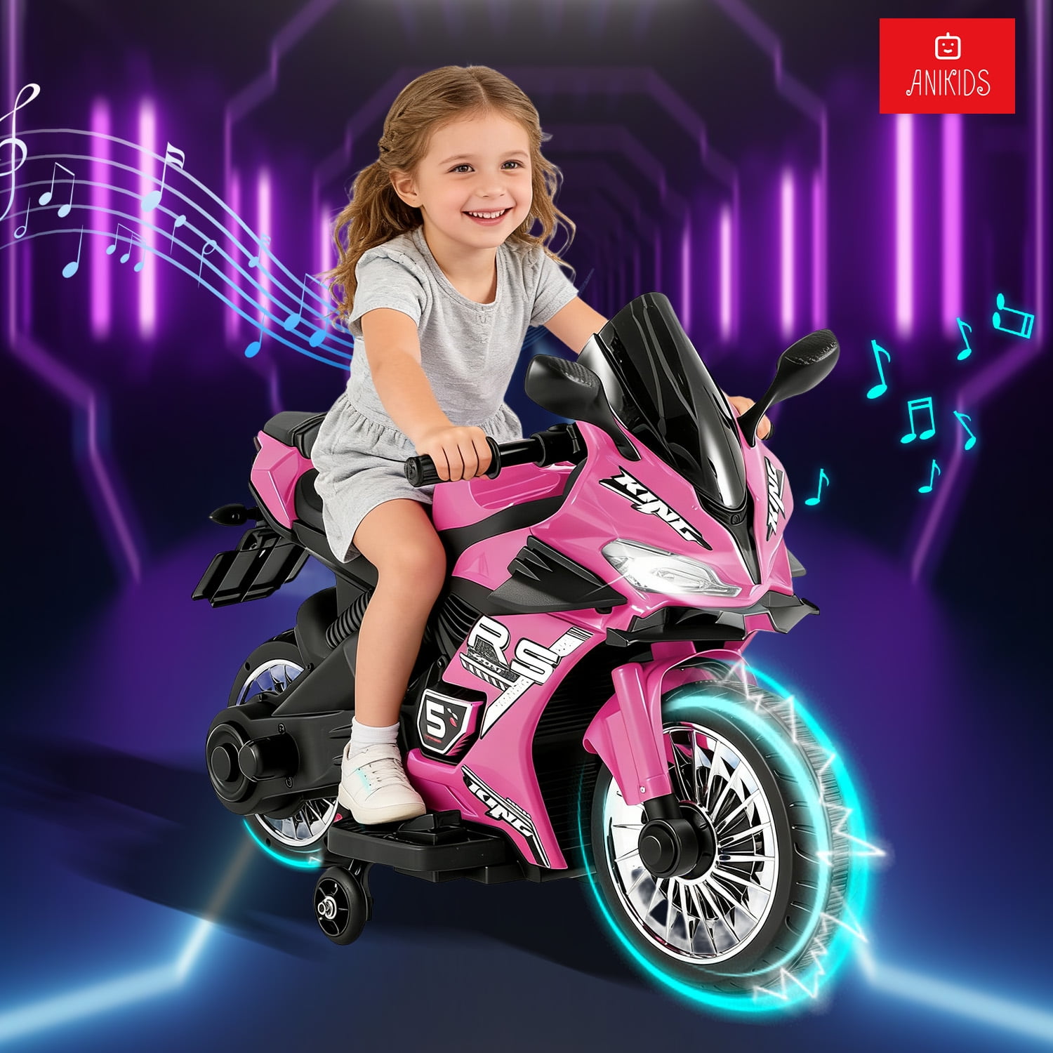 Anikids - Moto Electrico Para Niños Niñas 6v Con 4 Ruedas Luz Música Rosa