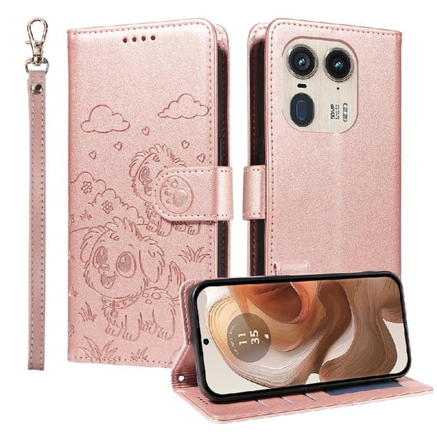 Funda Cartera para Motorola Edge 50 Ultra 5G Perro Cachorro Grabado con Tarjetas Soporte Correa Rosa