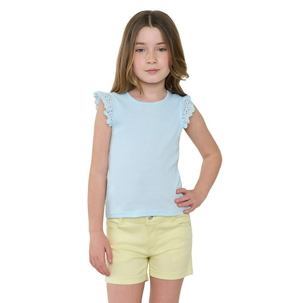 Polera Niña Kids Manga Corta Rib Celeste Corona