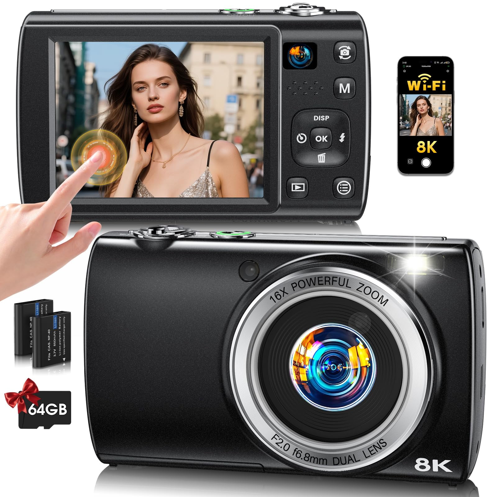 Cámara Digital Loum 8k 88mp Wifi Vlogging Con Doble Lente 64gb