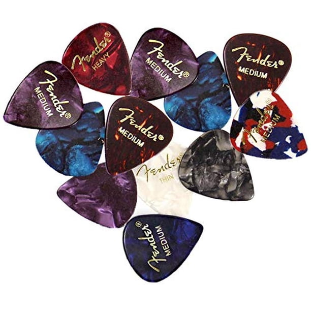Picks Sampler Fender Premium, paquete de 12 unidades con unidades delgadas, medianas y pesadas