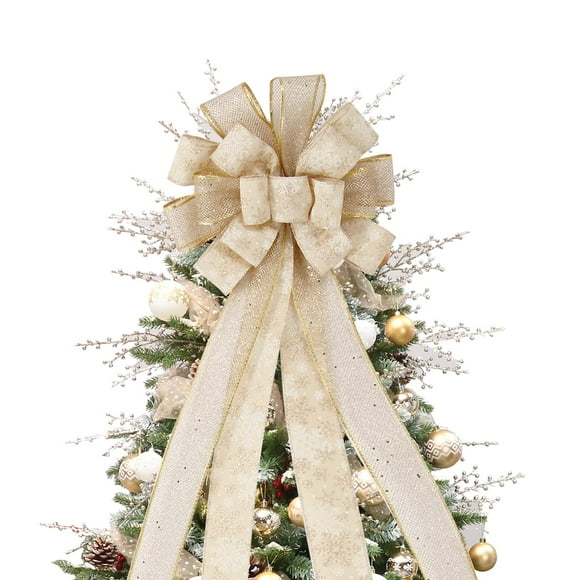 Decoración para árbol de Navidad con forma de lazo, diseño de rosa, 112 x 30 cm, color dorado y copo de nieve