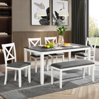M&Ms - 6-Piece Dining Table Set With Bench, Wood Dining Table Set For 6, Modern 6-Person Dining Table Set For Dining Room, Kitchen, Grey & White Two Tone