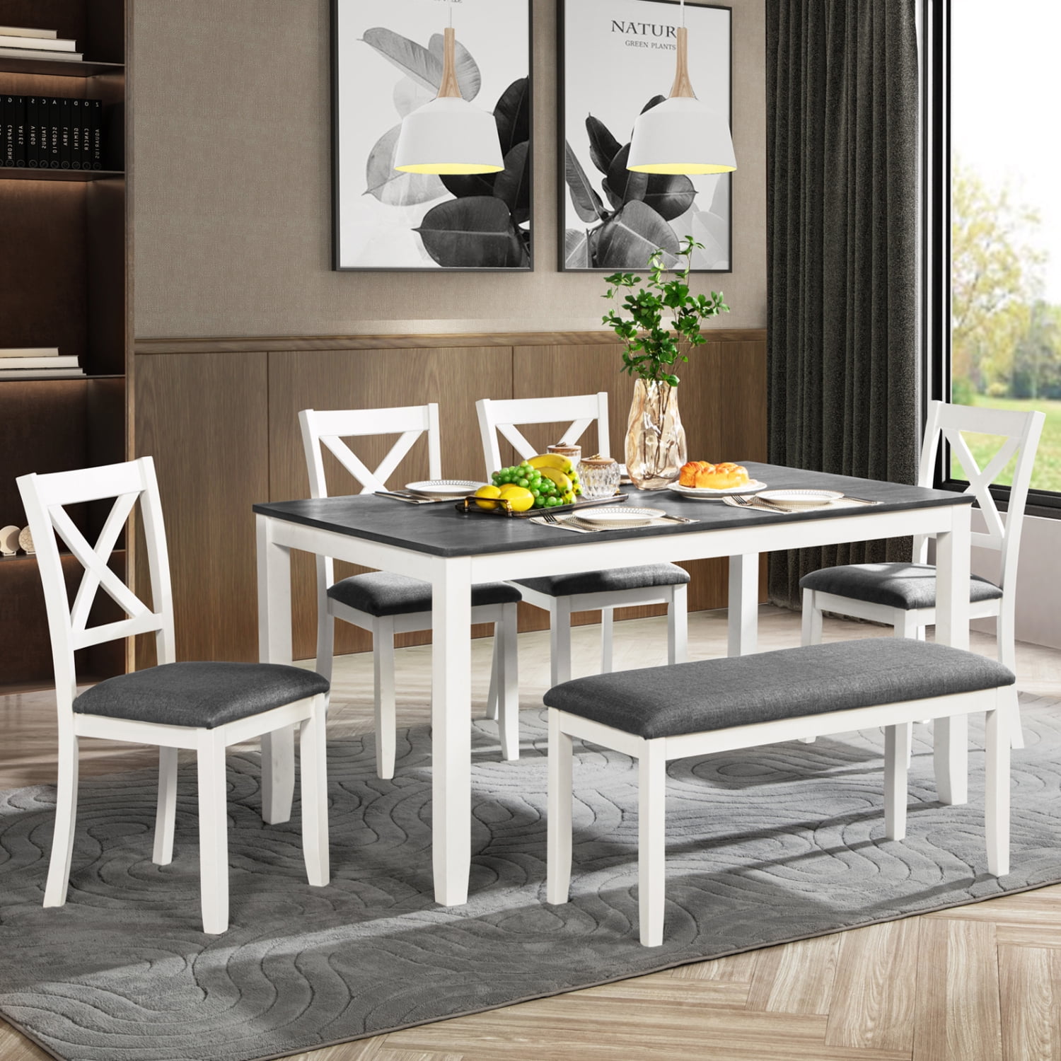 M&ms - 6-piece Dining Table Set With Bench, Wood Dining Table Set For 6, Modern 6-person Dining Table Set For Dining Room, Kitchen, Grey & White Two Tone