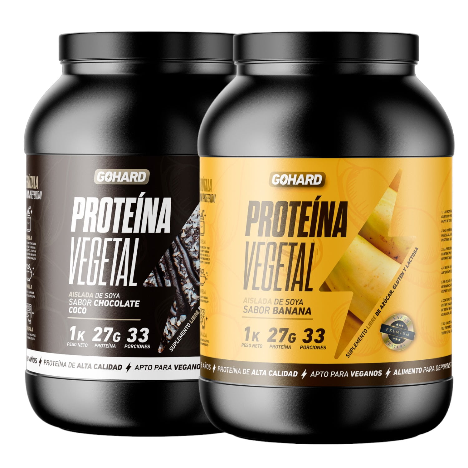 Gohard - Pack Proteinas Vegetales 2kg Total 66sv Platano - Chocolate Coco