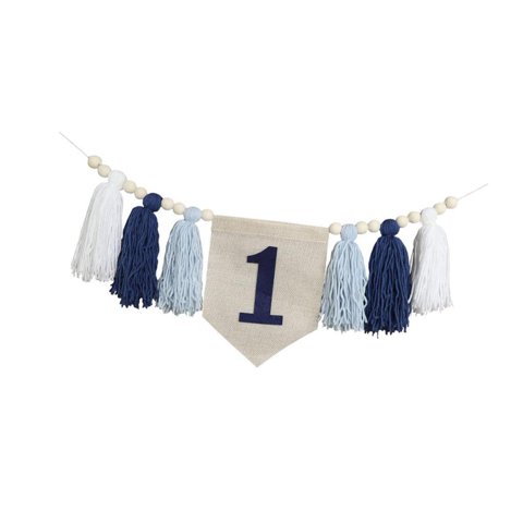 Magideal - Banner De Silla Alta Para Primer Cumpleaños, Decoración Para Fiesta De Primer Cumpleaños, Pancarta Con Borlas De Cuentas De Madera Para Decoración De Azul