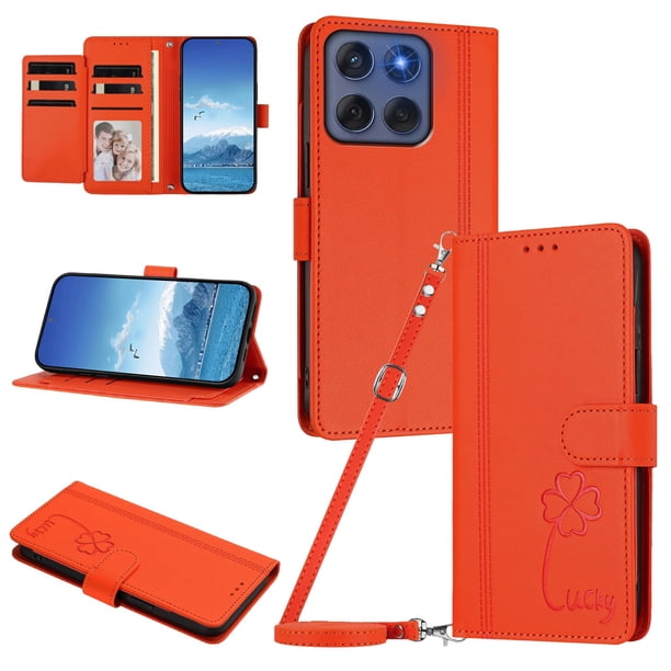 Funda Cartera Trébol para Motorola Edge 2025 5G con Ranuras Tarjetas y Carga Inalámbrica Naranja