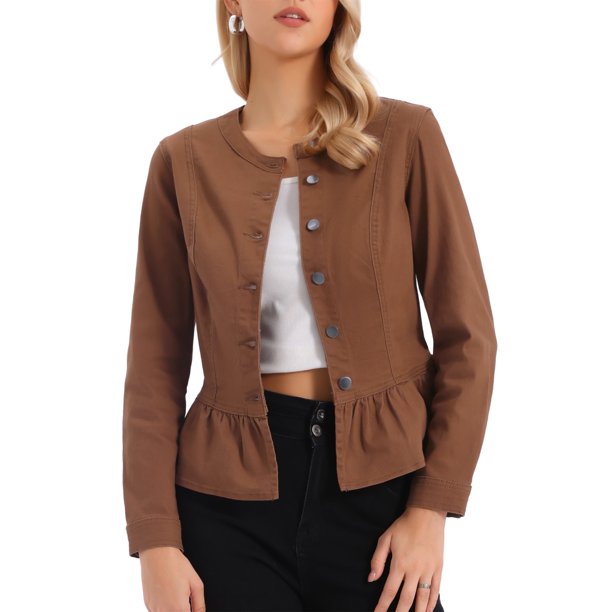 INSPIRE CHIC Chaquetas de Mezclilla para Mujer con Botones, Dobladillo Peplum, Mangas Largas, Chaquetas de Jean Cortas, Marrón Oscuro XS