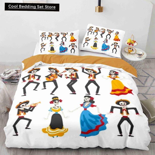 Sugar Skull Duvet Cover Funny Skeleton Halloween Bedding Set Gothic Spooky Bone Quilt Cover Polyester Comforter Cover Bed Sheets