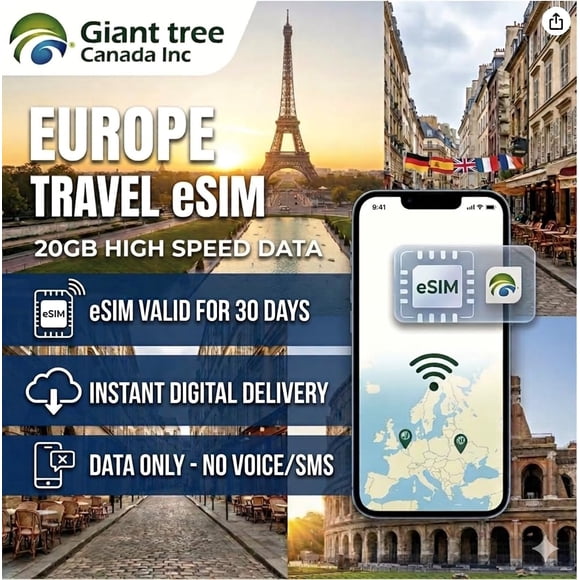 Tarjeta eSIM Giant Tree Canada 20 GB 30 días Europa