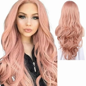 Genérica - Peluca Rosa Cabello Flequillo Largo Ondulado 65Cm + Red De Peluca