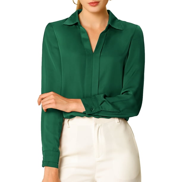 INSPIRE CHIC Camisas Elegantes para Mujer Cuello de Punta Manga Larga Blusa de Satén Suave Regreso a Clases Conjunto para Maestra Verde S