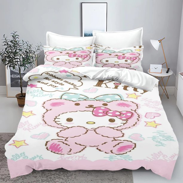 Girly Hello Kitty 3D digitally printed bedding set Feather duvet cover 3-piece set Polyester bedding Bedding Bedroom sets Gifts Bed Sheets