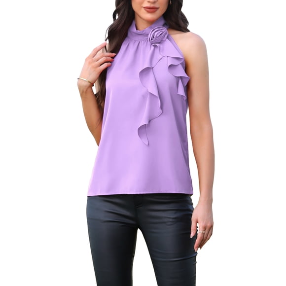 FAB CURVES Top de cuello halter para mujer Blusa casual elegante sin mangas con flores 3D L Púrpura claro