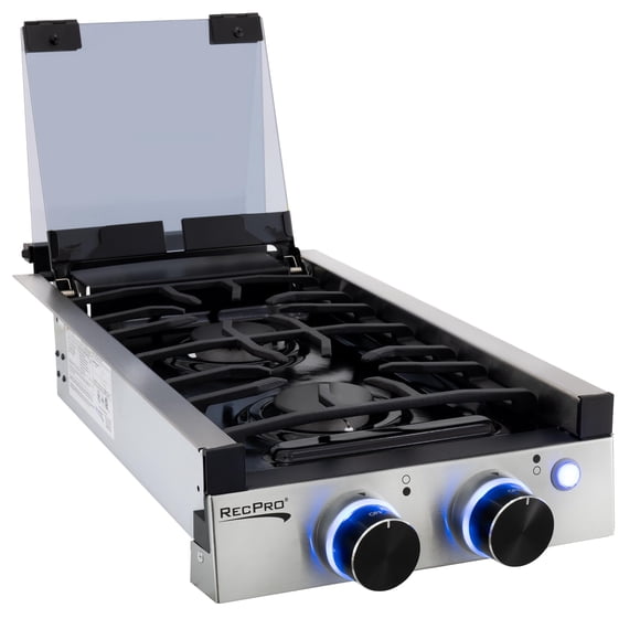 Estufa de gas RecPro RV de 2 quemadores de acero inoxidable con tapa