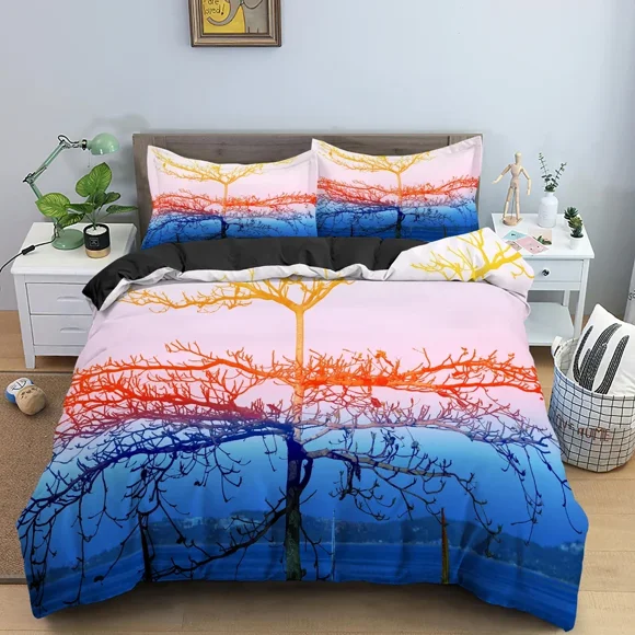 x1236 Bed Sheets Landscape Duvet Cover Bedroom Decor Luxury Bedding Set Tree Silhouette Against Sunset Sky Quilt Cover Twin /Pcs 3-Piece Bedding Set (1 Duvet Cover + 2 Pillow Shams) nj1236