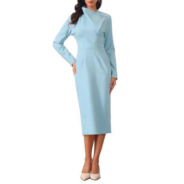 INSPIRE CHIC Vestido Elegante de Mujer Lápiz Cuello en V Manga Larga 2025 Vestidos de Trabajo a la Rodilla XL Azul Cielo