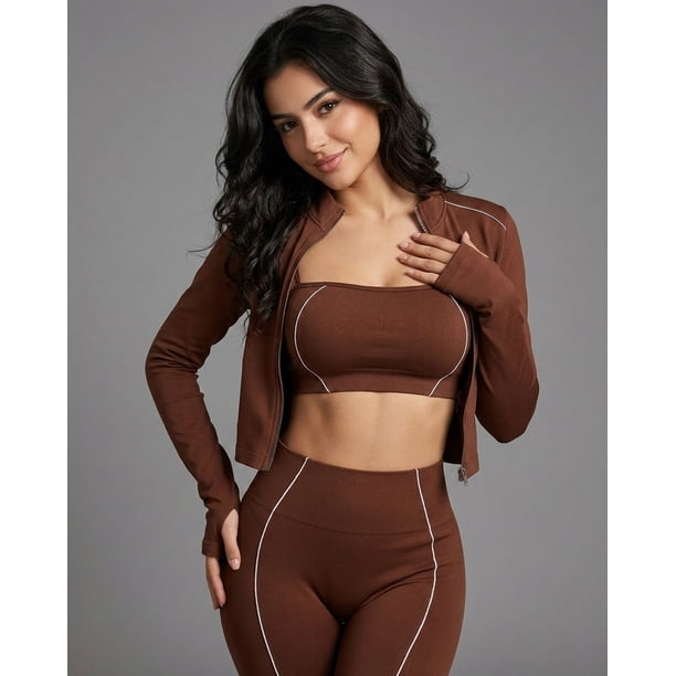 Set Deportivo para Mujer de 3 Piezas: Chaqueta, Calza de Tiro Alto y Top Strapless