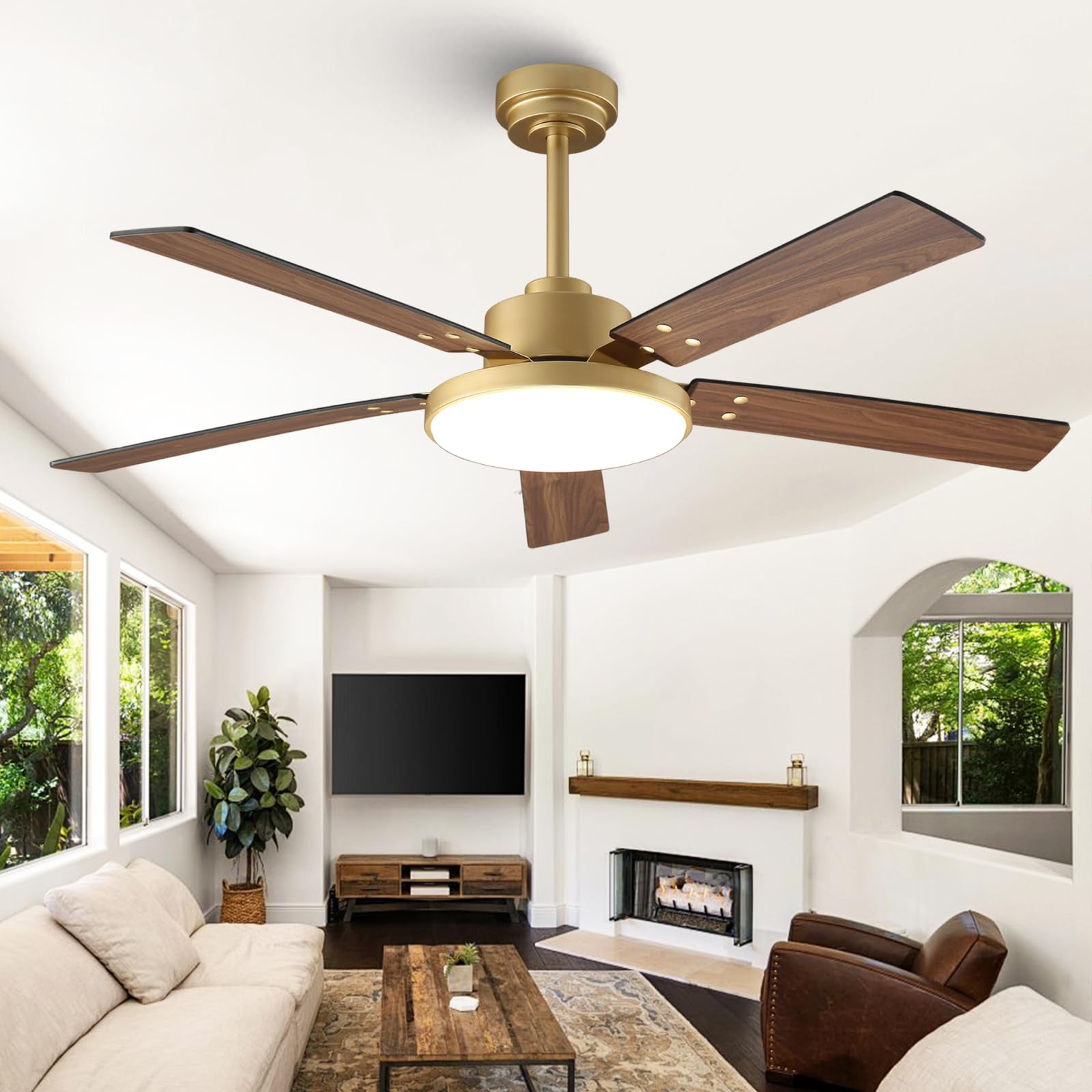 Ventilador De Techo Vaczon De 52" Negro Y Dorado Con Luz Led, 6 Velocidades