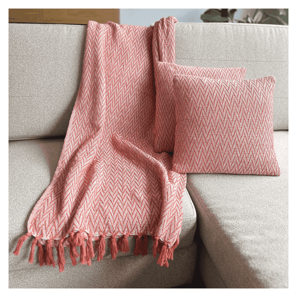 Combo Deco 2 Cojines y 1 Manta Sarla Lehar Naranja / Blanco Diseño Moderno Lavable x mts