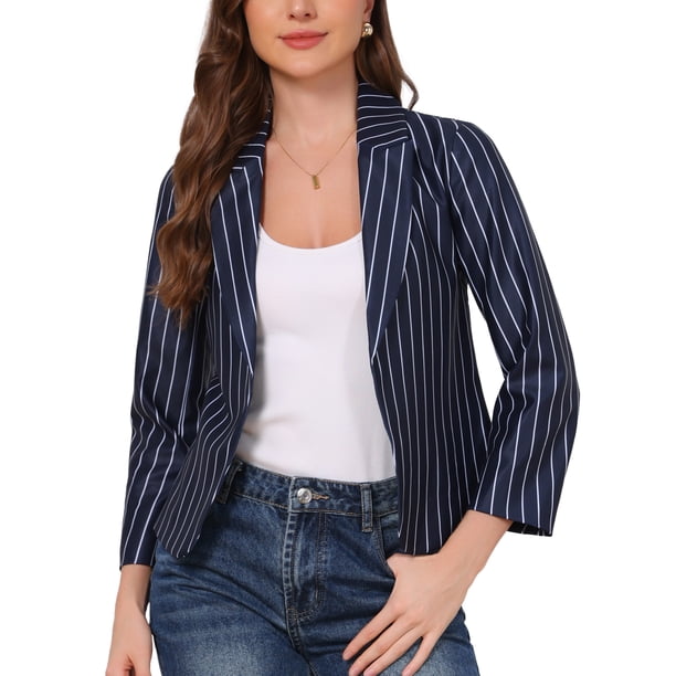 INSPIRE CHIC Chaqueta de regreso a clases para mujer, blazer abierto, traje corto de verano para el trabajo, azul marino XL
