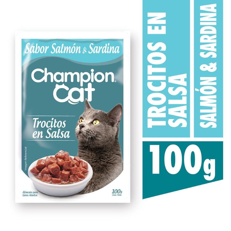 Alimento Húmedo Gato Adulto Trocitos Sabor Salmón Y Sardina Pouch 100 g Champion Cat