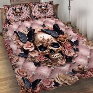 Milsleep - Calavera Rosa Y Mariposas Negras - Juego De Edredón Personalizado Calavera