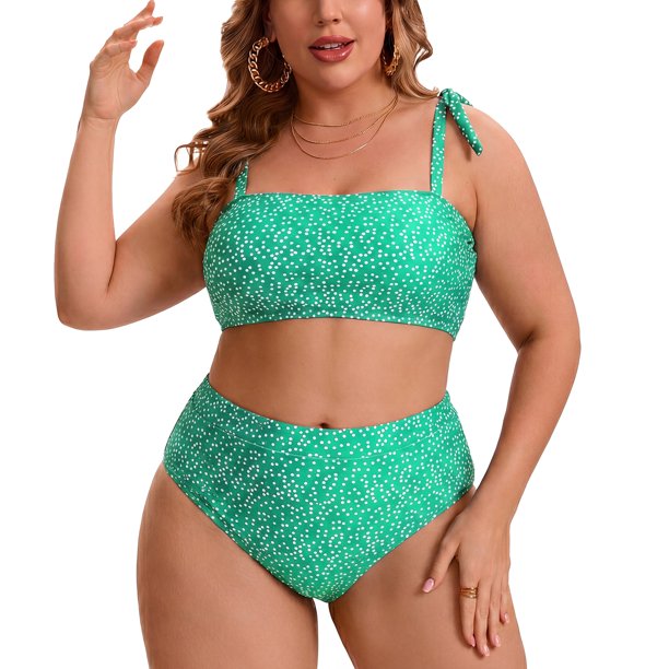 Agnes Orinda Bikini de Dos Piezas para Mujer de Talla Grande, Cintura Alta, Control de Abdomen, Realce, para Vacaciones, Talla 2X, Verde