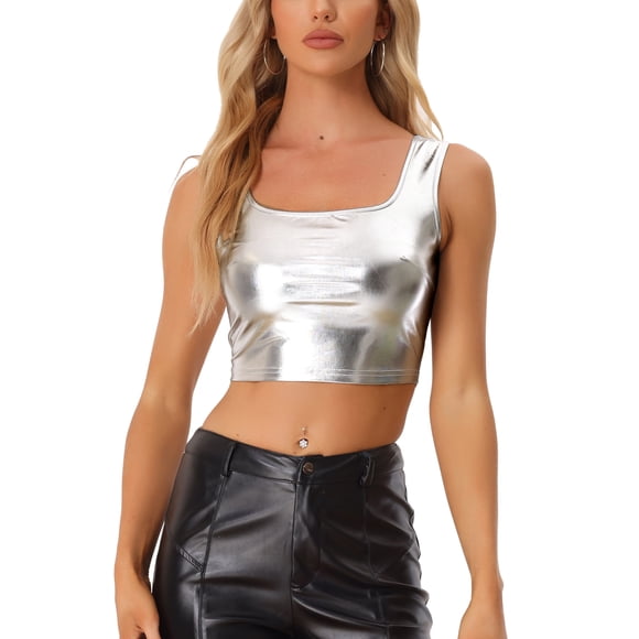 INSPIRE CHIC Top sin mangas para mujer U Neck Party Clubwear Holographic Shiny Metallic Crop Top Silver L