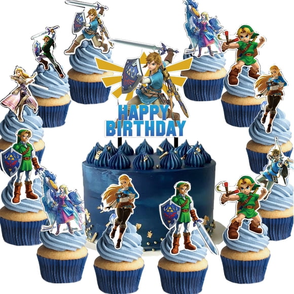 Set de artículos para fiesta de cumpleaños Zelda con 1 adorno para tarta y 24 adornos para magdalena