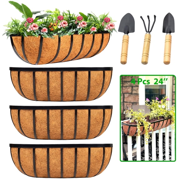 Jardinera para barandal y ventana LCHUANG de 24 cm con forro de fibra de coco, paquete de 4