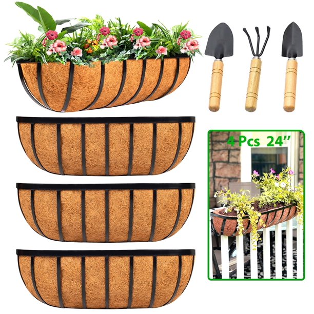 Jardinera para barandal y ventana LCHUANG de 24 cm con forro de fibra de coco, paquete de 4