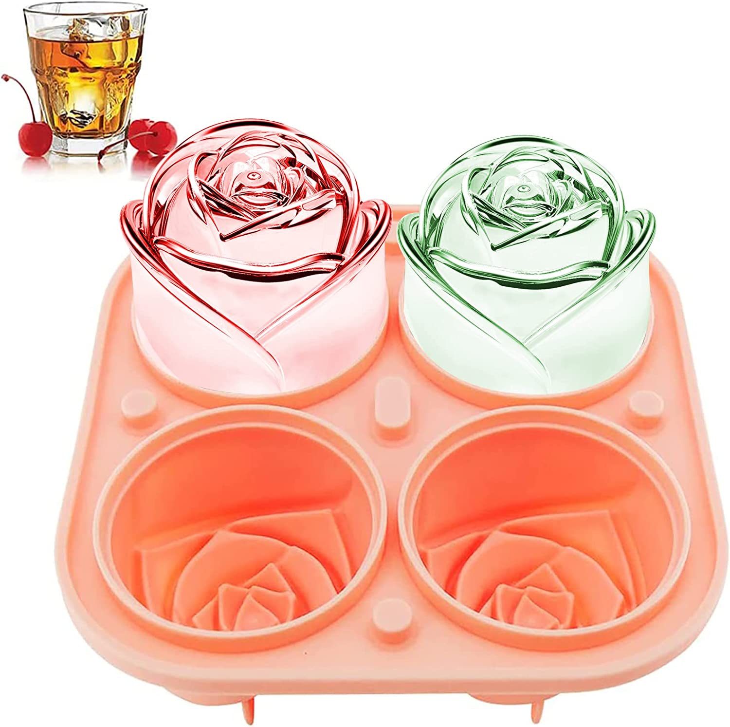 Xinqihang - Bandejas De Cubitos De Hielo Grandes De 2,4 Pulgadas Con Forma De Rosa, Molde Redondo De Silicona Fda, Sin Bpa, Para Congelador Con Tapa, Molde Para Hacer Bolas De Hielo, Para Whisky, Cócteles Y Jugo