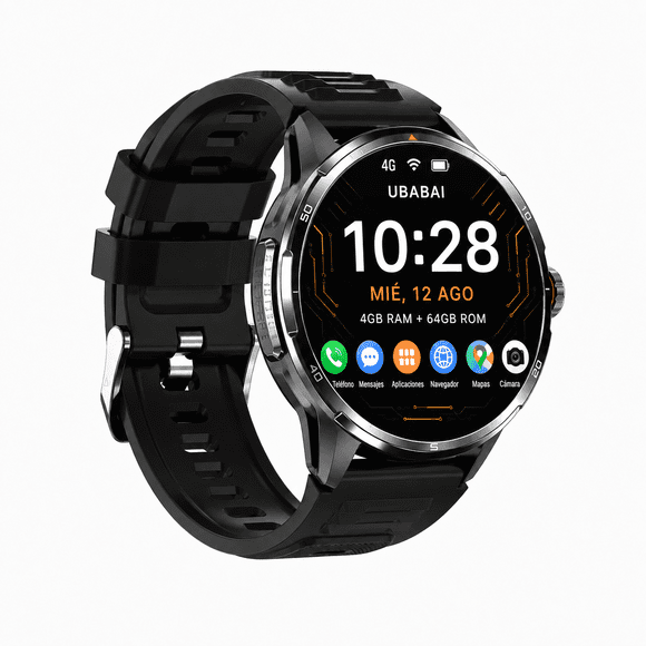 UBABAI LTE Smartwatch Android 10 4G con SIM Nano, Reloj Inteligente AMOLED 1.6" 480x480, Llamadas Independientes, WiFi, GPS, Cámara Giratoria 180°, Google Play, 4GB RAM 64GB ROM