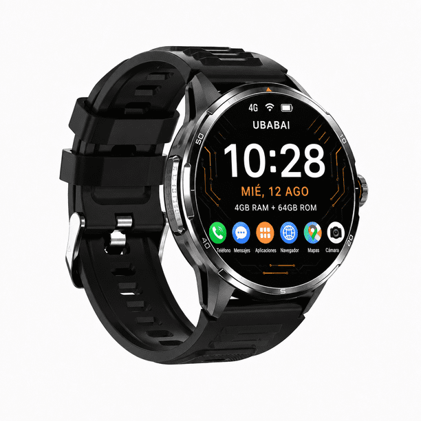 UBABAI LTE Smartwatch Android 10 4G con SIM Nano, Reloj Inteligente AMOLED 1.6" 480x480, Llamadas Independientes, WiFi, GPS, Cámara Giratoria 180°, Google Play, 4GB RAM 64GB ROM