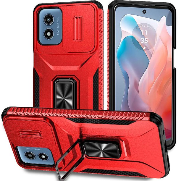 Funda Armada para Motorola Moto G Play 2024 con Tapa Deslizante y Soporte Magnético Giratorio Rojo
