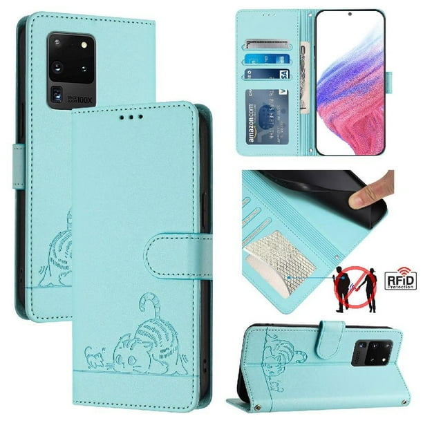 Funda tipo cartera FOXDOCK para Samsung Galaxy S20 Ultra con soporte, ranuras, RFID, diseño de gato