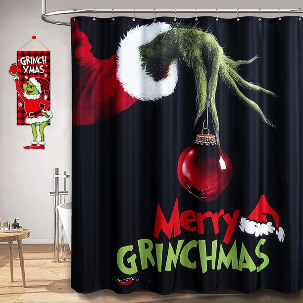 1pc Premium Quality Christmas Fabric Shower Curtain Set - Fun and Festive Red and Green Design for Bathroom Decoration and Door Curtain - Heavy Duty and Durable