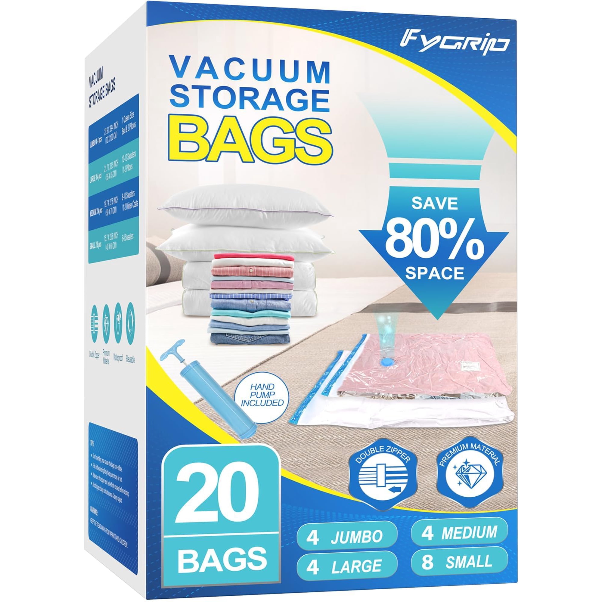 Bolsas De Almacenamiento Al Vacío Fygrip, Paquete De 20 Con Bomba Manual, Que Ahorran Un 80% De Espacio