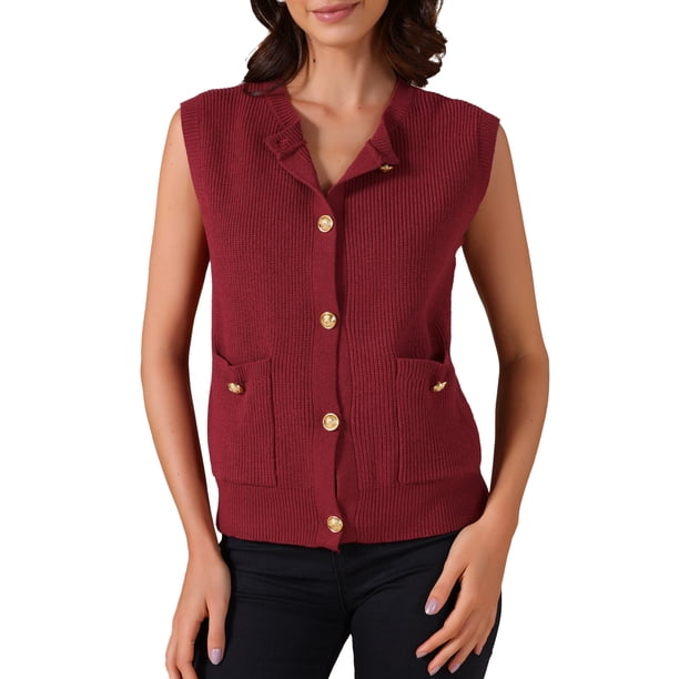 INSPIRE CHIC Chaleco de Suéter de Punto para Mujeres con Botones Camisetas sin Mangas Suéteres Casuales Cárdigans con Bolsillos M Rojo Vino